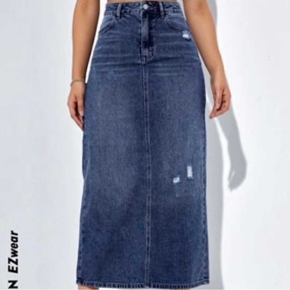 Shein High-Waisted Ripped Denim Skirt Split Back